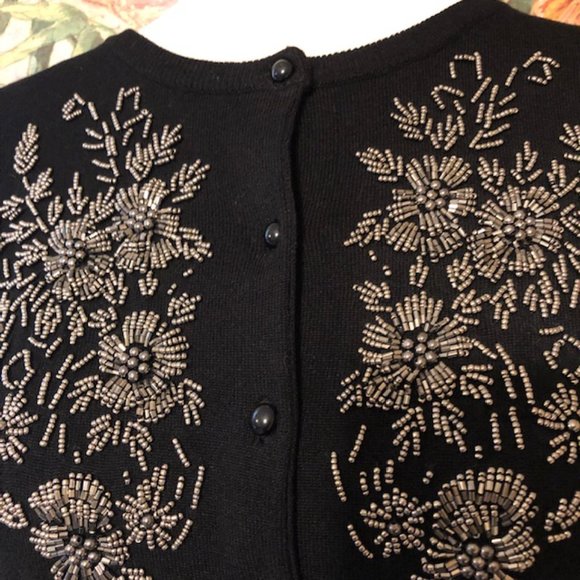 Sz L Spense Silver Beaded Floral Black Cardigan - Picture 5 of 9